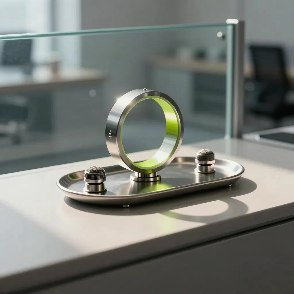 Buzz Bot mention-watch device on brushed pewter with glowing lime ring and two pods