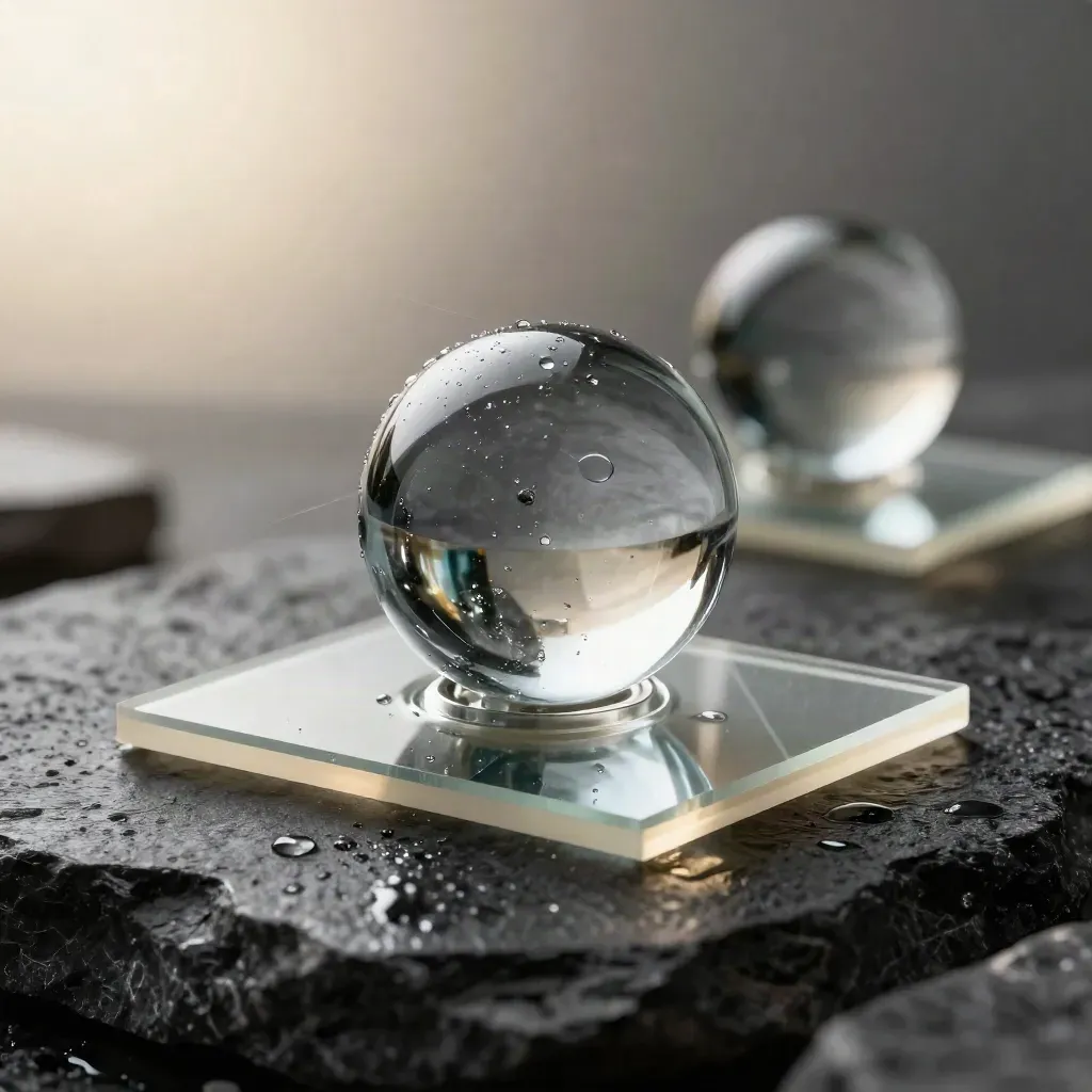 Macro of a mirrored lead-bot module on wet black stone with acrylic tiles and condensation.