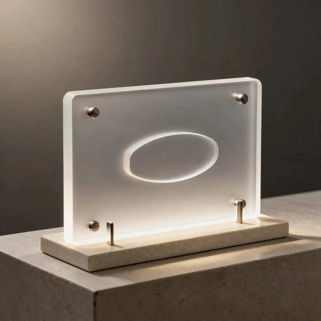 Frosted acrylic review-saver kit on stone with metal anchors in soft warm light