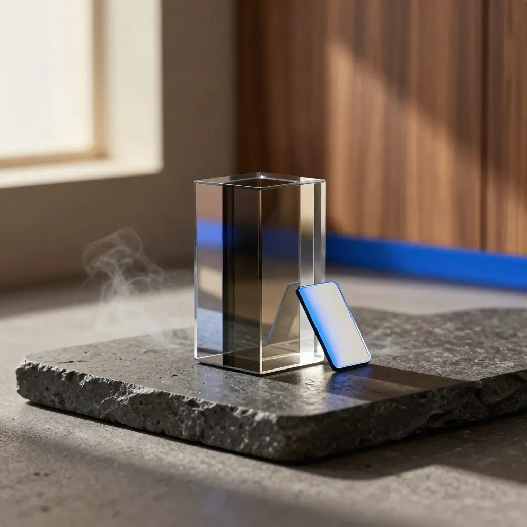 Glass-core Buzz Bot automation module with twin panels and mirrored wedge on dark stone, blue highlight