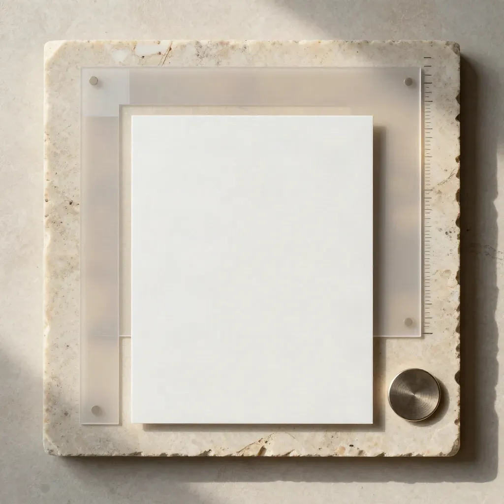 Top-down form capture kit on pale limestone with translucent strips and a rounded pewter token.