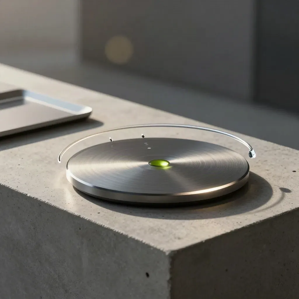 Sensor disc, metal tray and floating acrylic indicators in a premium concrete-lit product scene.