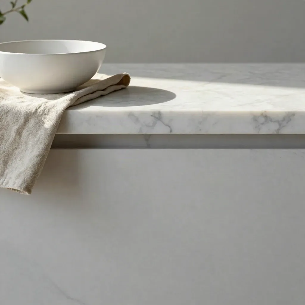 Pale marble worktop with white bowl, folded linen and a blurred plant stem.
